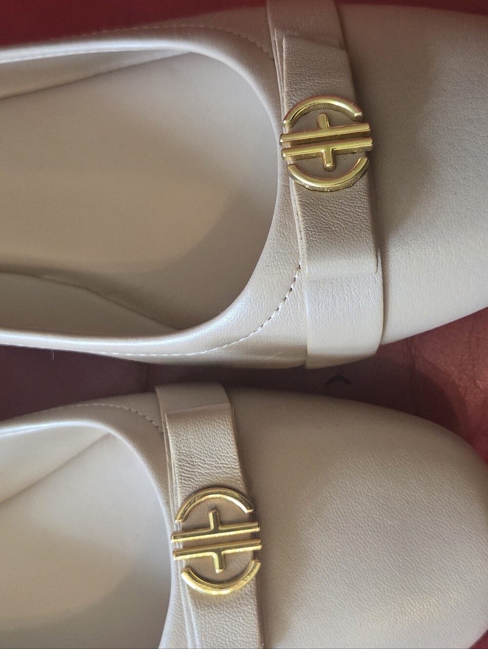 Cole Haan-Inspired Ivory Leather Ballet Flats with Gold Logo Accent